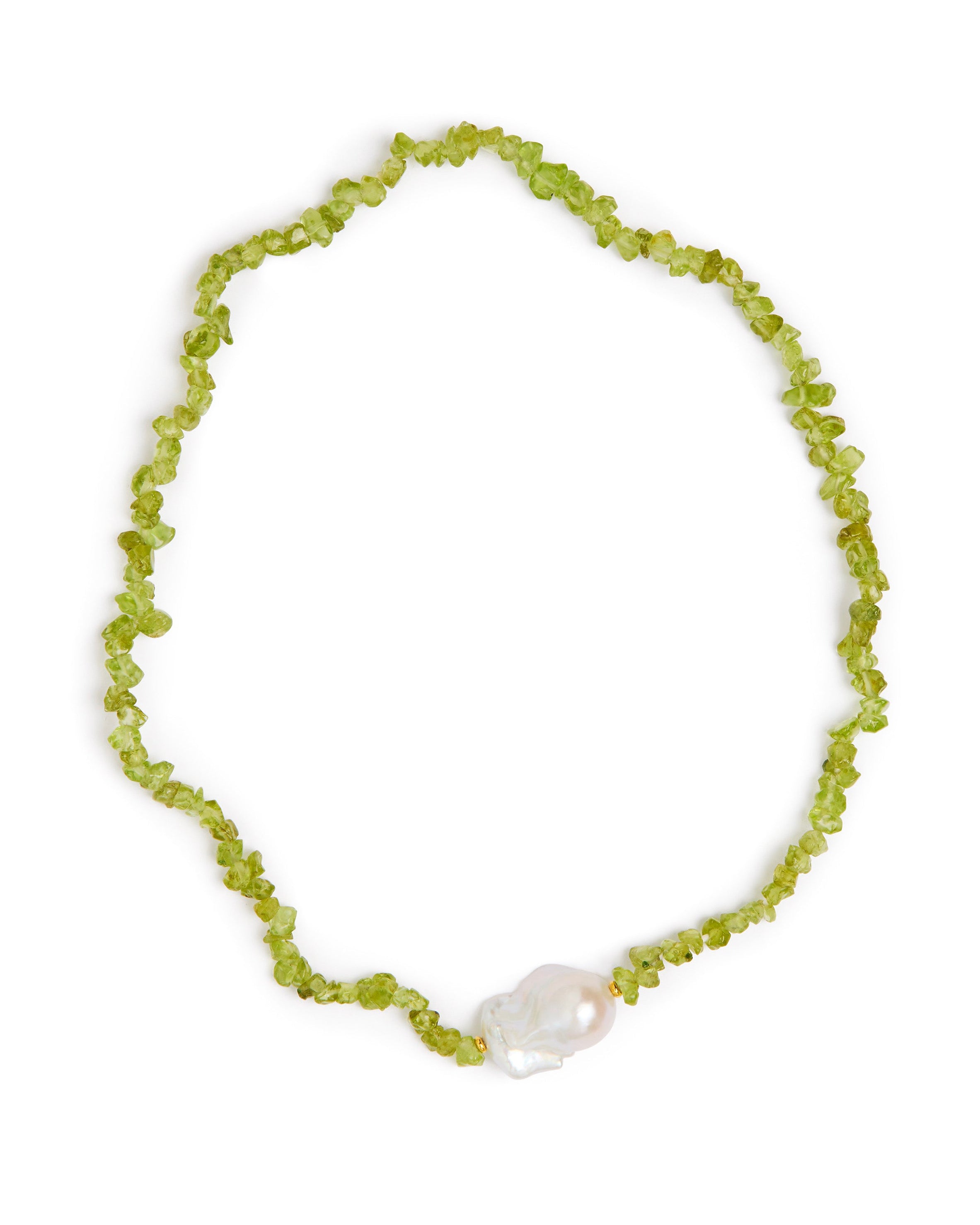 A beaded necklace made of small lime green chips with a single white baroque pearl accent, displayed on a clean white background.
