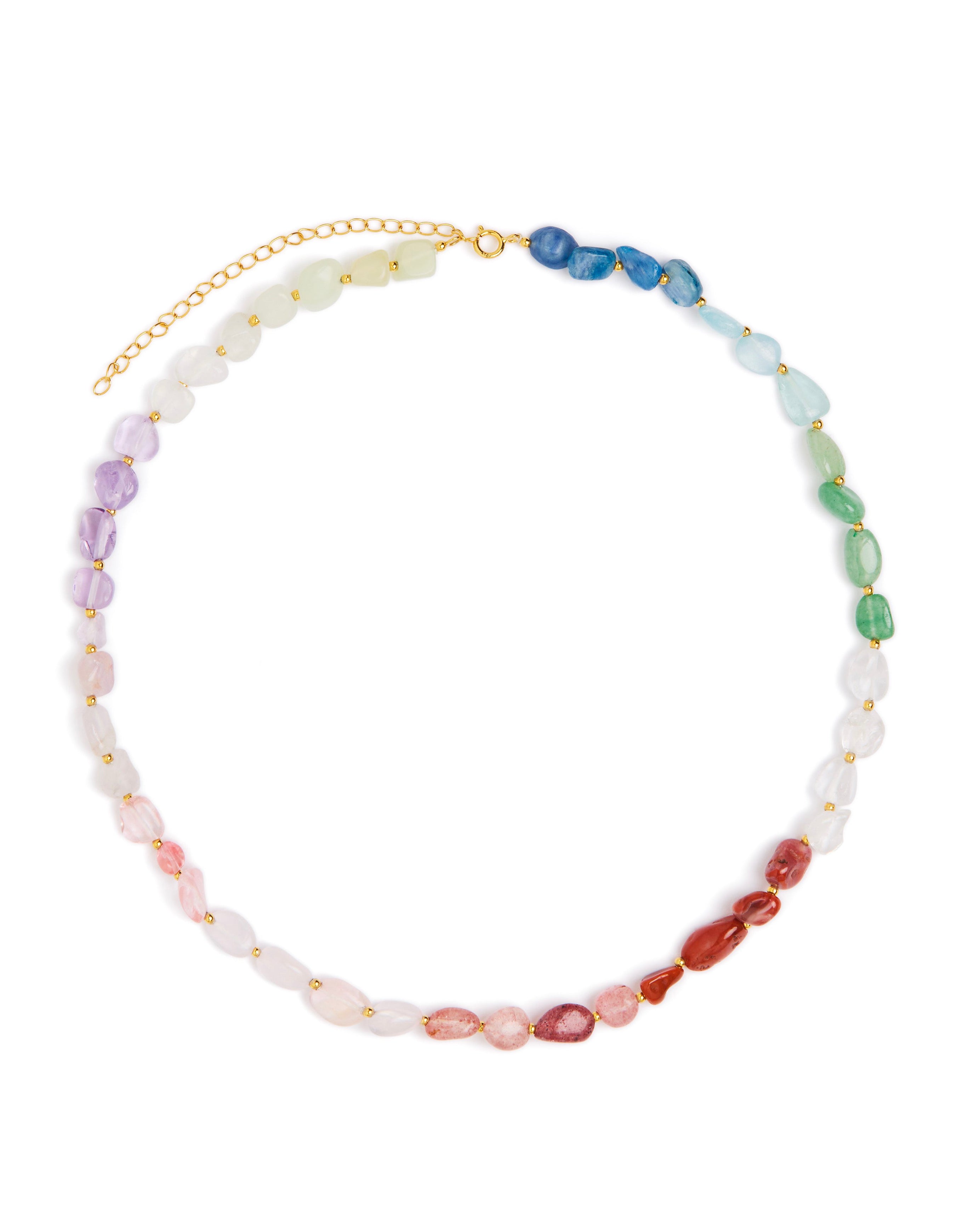 A beaded necklace with faceted, irregular gemstone beads arranged in a rainbow sequence, featuring a gold-tone chain extender clasp, shown on a plain white background.